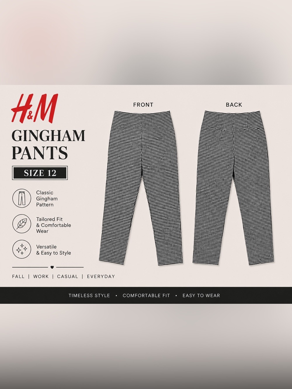 H&M Black White Gingham Pull On Ankle Pants Stretch Size 12